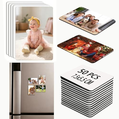 50 Stück Sublimations Magnet Rohlinge Set, 5.5x7.5cm Personalisierte Fotomagnete, Haftnotizen für Kühlschrankmagnet, DIY Bastelset für Whiteboard Büro Kalender Zuhause Heimwerker Küche Wand Dekoration