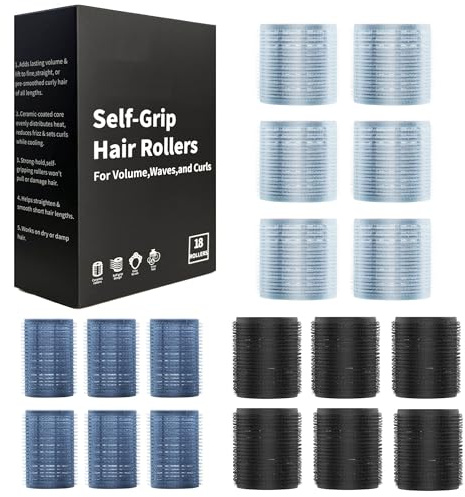 18 Pcs Hair Rollers Set,Heatless Culers for Women,Self-Grip Magic Roller Hair Culers No Heat for Long Short Hair,Jumbo Large Medium Size for Styling,No Hot Damage,Easy Salon(60,48,36mm)(Black,Grey,Blu
