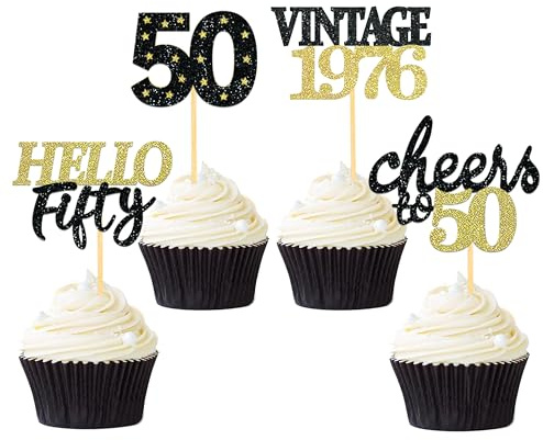 24 Stück 50. Geburtstag Cupcake Topper 50 von 1976 für Deko 50.Geburtstag | Gold Geburtstagsdeko 50, Glitzer 50 Kuchendekoration, 50 Geburtstagsfeier Zubehör Party Dekoration