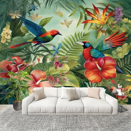 Fotomurales 200x140 cm Tropical Selva Hibisco Loro Decoración Muro Murales Papel Pintado tejido no tejido Verde Moderna Panoramico Fotográfico Adhesivos Impermeable Papel Tapiz