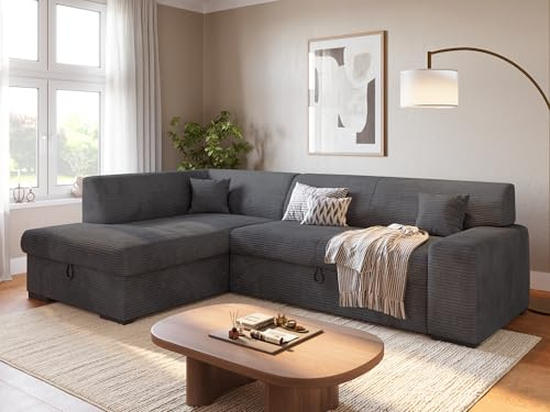 BROMARKT Ecksofa mit Bettkasten Schlaffunktion L 260cm Links Grau | Wohnlandschaft mit Schlaffunktion und Bettkasten L-Form Schlafcouch Eckcouch Bettsofa 3 sitzer Cordstoff Sofa für Wohnzimmer