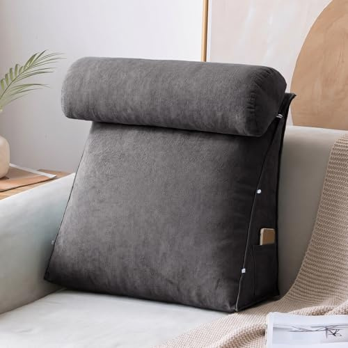 AZMAHT Lesekissen Für Bett Und Sofa, Dreieckiges Keilkissen Mit Verstellbarer Nackenrolle, Ergonomisches Rückenkissen Bett Aus Samt, Rückenlehnenkissen Für Kopfteil & Büro,Blackgray,45X45X20CM