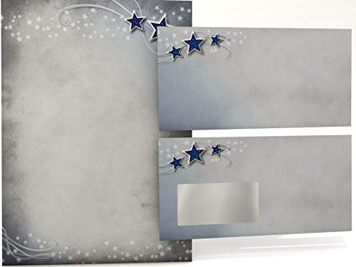 Weihnachtsbriefpapier mit Umschlag 40-tlg. | Simply Stars | 20 Blatt Motivpapier A4 + 20 DIN LANG-Kuverts OHNE FENSTER | weihnachtliches Briefpapier Set