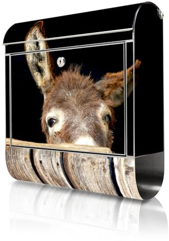banjado Briefkasten Edelstahl 38x43x12cm & 2 Schlüssel - rostfreier Edelstahl Briefkasten mit Zeitungsfach - Postkasten A4 Einwurf inkl. Montagematerial - Motiv Esel