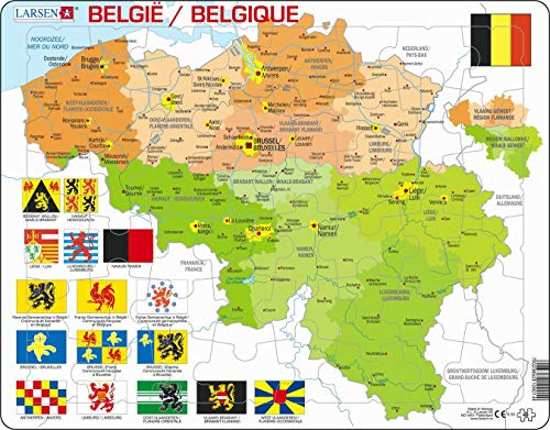 Larsen Puzzles K59 Belgien Politische Karte - Mehrsprachig (Niederländisch/Französisch) - Lernpuzzle mit 48 Teilen, Geografie Rahmenpuzzle für Kinder ab 6 Jahren