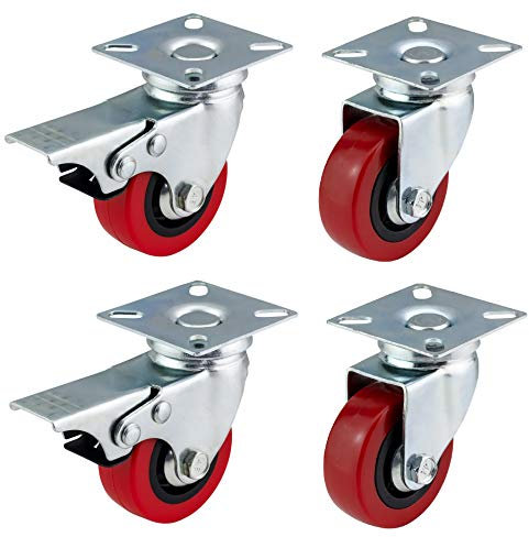 Ruedas giratorias de poliuretano con frenos de Bulldog Castors, de 50 mm, rojas y resistentes, para muebles, aparatos y equipos. Máx. 150 kg por conjunto