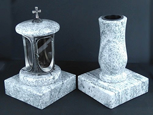 designgrab Runde Grablampe mit Kreuz & Vase aus Granit im Set mit 2 Sockeln – handgefertigt, wetterfest & poliert – Viscont White – weißgrau