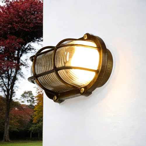 Licht-Erlebnisse Außenlampe Maritim, Schiffslampe Messing, Bullauge, rostfrei, IP64, H:11 cm, E27, Außenleuchte oval, Kleine Wandlampe, Balkon, Haus, Außenwandleuchte