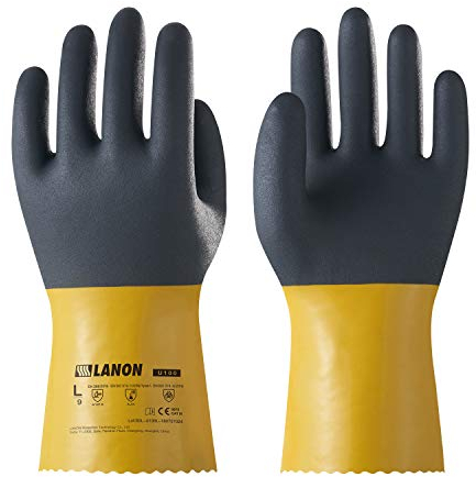 LANON PVC Handschuhe Chemikalienschutzhandschuhe, Arbeitshandschuhe, Beständig gegen Säure, Alkali und Öl, Anti-Rutsch Schutzhandschuhe, EN 388/374, L/9