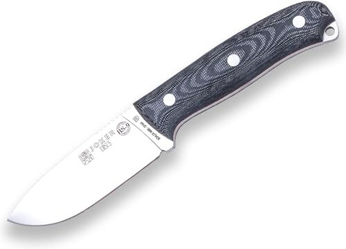 Joker Überlebensmesser Ursus CM116, Schwarzer Canvas Micarta Griff, Gürtelmesser mit 10 cm Klinge aus Böhler N695, schwarze Lederscheide, Werkzeug zum Angeln, Jagen, Camping und Wandern