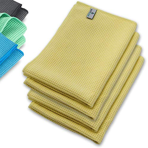 ELEXACLEAN Paño de Secado Microfibra, paño de gofre Premium (4 Unidades, 60x40 cm, Amarillo) Muy Suave para Coche, Cristal, Cocina, vajilla y baño