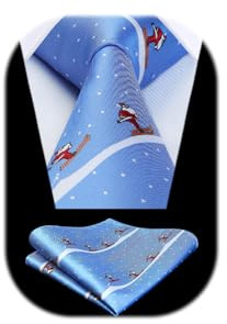 HISDERN Hellblau Weihnachts Krawatte für Herren Santa Skifahren Muster Xmas Party Festlich Krawatten & Einstecktuch Set Mode