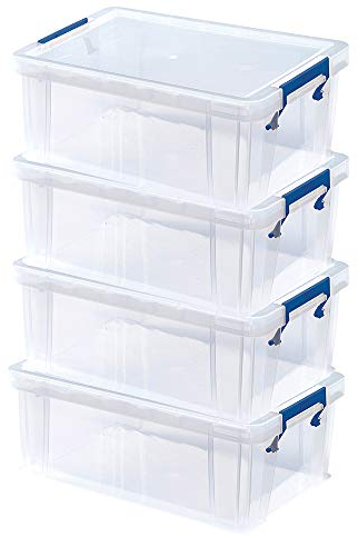 BANKERS BOX 4x 10L Plastic Storage Boxes with Lids. ProStore Super Strong Stackable Plastic Storage Boxes (14 x 34 x 21.5cm), Made in the UK, Clear