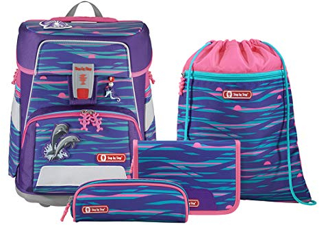 Step by Step Schulranzen-Set Space „Shiny Dolphins“ 5-teilig, lila-pink, Delfin-Design, ergonomischer Tornister mit Reflektoren, höhenverstellbar mit Hüftgurt für Mädchen 1. Klasse, 20L