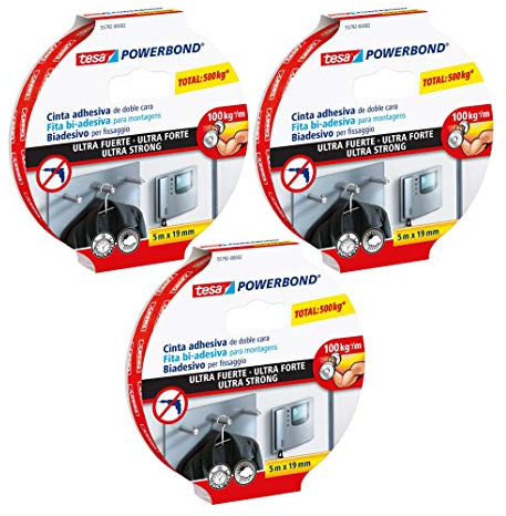 TESA Powerbond Ultra Strong Montageband/Doppelseitiges Klebeband für eine besonders starke und dauerhafte Befestigung ohne Bohren (3er Pack / 5m:19mm, Standard)