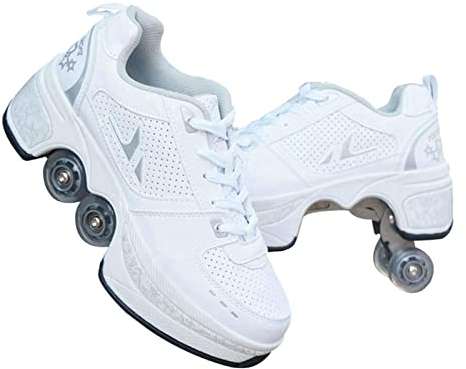 JTKDL Rollschuh Roller Skates Lauflernschuhe, Sneakers, 2in1 Mehrzweckschuhe Schuhe Mit Rollen Skateboardschuhe,Inline-Skate,Verstellbare Quad-Rollschuh Stiefel,Silver-34