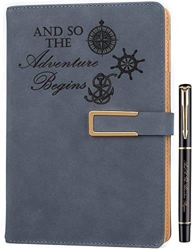 Fanery Sue Refillable Adventure Travel Journal For Women & Men Faux Leather Hardcover A5 Travel Notebook College Ruled 200 Lined Pages Lay-Flat Diary With Pen & Magnetic Buckle（Adventure - Blue