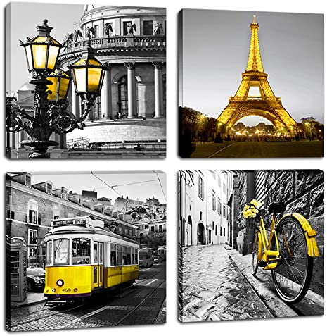 YMYXMC33 London Paris Decor Wall Art Canvas Print Black and White Eiffel Tower 4 Panels Yellow Pictures Decorations Living Room Bedroom Bathroom