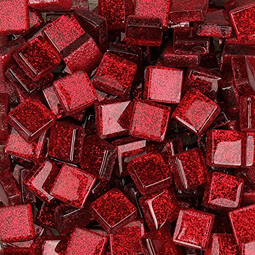 200g Glas Mosaiksteine,1x1cm Bulk-Quadrat Mosaikfliesen Glasfliesen Glitzerkristall Glasmosaik, Glassteine Mosaik Steine für Basteln, Haus Deko(Rot)