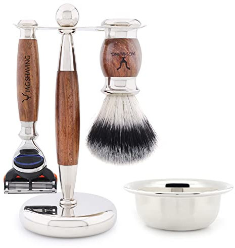 Jag Shaving Rasierset - JAG's LEE Range 4-teiliges Rasierset - Synthetik Silberspitzhaar Rasierpinsel - 5 Rasierklingen Rasierständer aus Edelstahl und Holz - Rasierschale - Holz Set