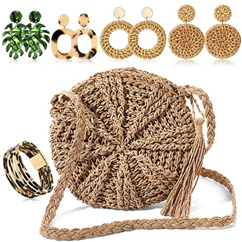 HICARER Stroh Umhängetaschen Set Strand Clutch Geldbörse Urlaub Geldbörse mit 2 Paar Rattan Boho Urlaub Ohrringe 2 Paar Tropische Ohrringe für Damen Leoparden Armband Zubehör (Runden)