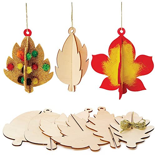 Baker Ross FX256 Herbstblätter 3D Dekorationen aus Holz-6er Pack, Kleine Holz Bausätze, Herbst Basteln für Kinder, 14 cm, rot, orange, braun