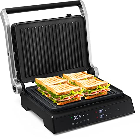 TANGZON Electric Fold-out Non-Stick Grill, LED Touch Gourmet Sandwich Maker Panini Press with 2 Detachable Plates & Adjustable Temperature, BBQ Griils Countertop Breakfast Hotplate (Bakelite Top)