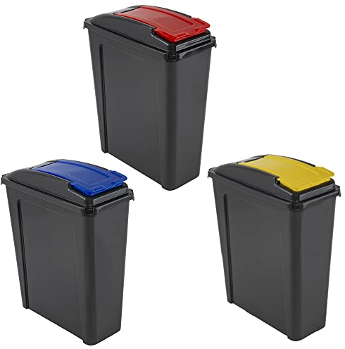 JMS we create smile (Set of 3 25L Litre Plastic Indoor Slimline Bin - Recycle Bin Waste Rubbish Dustbin with Colour Flap Lid For Home Kitchen - Made in UK (Red+Blue+Yellow)