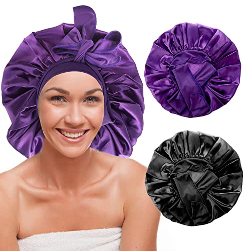 DIVINA VITAE 2PCS Satin Silk Hair Bonnet for Sleeping Large Soft Sleep Cap for Black Women Hair Wrap with Wide Tie Band Hair Cap Band Bonnet for Curly Hair