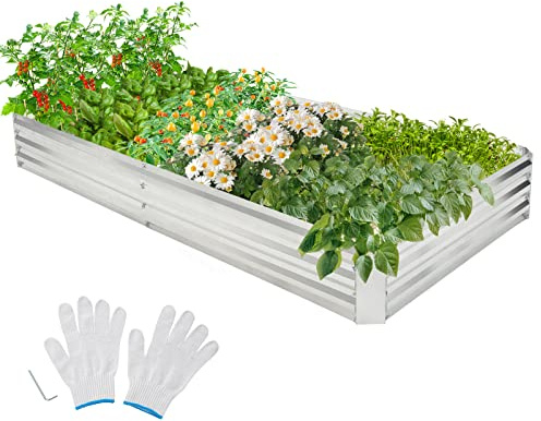 COSTWAY Metal Raised Garden Bed, Elevated Planter Box Kit with Open Bottom, Indoor Outdoor Vegetable Fruit Flower Herb Growing Box for Patio Lawn Balcony (Rectangular, Silver, 240 x 120 x 30cm)