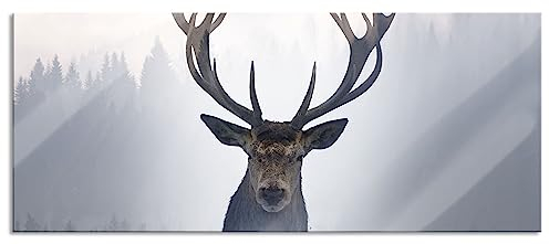 Pixxprint Glasbild Panorama, Wandbild aus Echtglas, Nahaufnahme Hirsch im Nebelwald abstrakt, 120x50 cm, inkl. Aufhängung und Abstandshalter