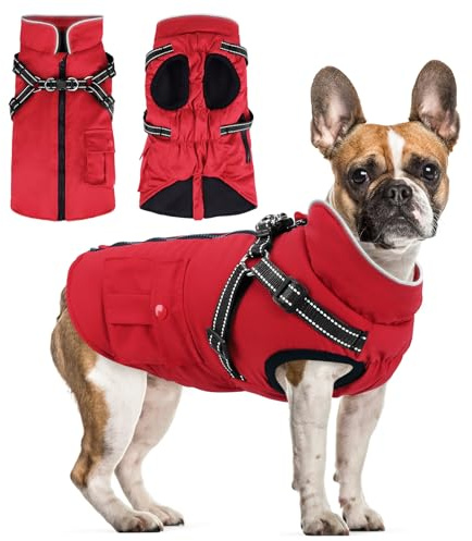 Woiil Hundemantel Hundejacke Wintermantel für Kleine Hunde, Hundemantel Winter mit Geschirr, Hunde Wintermantel Kostüm Ärmellose Baumwolle Gepolsterte Weste Wasserdicht Warme Reflektierend, Rot S