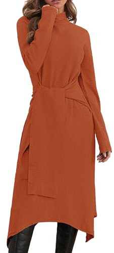 Jayscreate Women's Fall Sweater Dress 2023 Long Sleeve Midi Tie Front A-Line High Waist Winter Business Casual Dress Brick Red