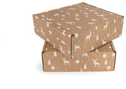 Faltkarton braun 50 Stück Weihnachtsgeschenkbox mit Deckel 202x200x70mm - Geschenkbox mit Rentier Tannenbaum Motiv - Post Schachtel Versandkarton Warensendung ohne Kleber