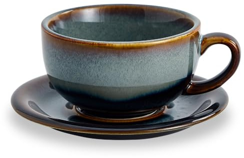 Coffeezone Vintage Design 12 oz Ceramic Latte Art Cappuccino Barista Cup with Saucer (Fog Grey)