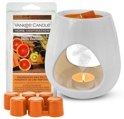 Yankee Candle Gift Set |1 Ceramic Wax Warmer|1 Unscented Tea Light Candle |6 Exotic Fruits Scented Wax Melts