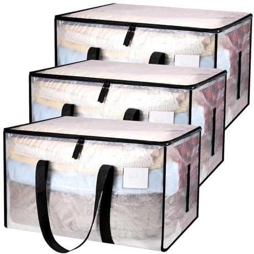Yafe 3 Pack Large Clothes Storage Boxes with Lids, 91L Transparent Capacity Storage Bags Storage Organiser Moving Bags Packing Boxes for Moving House Clothes Bedding Duvet Toys Storage(91L)