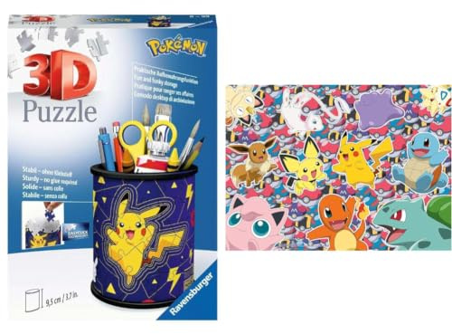 Ravensburger Kinderpuzzle 13338 - Bereit zu kämpfen! - 100 Teile XXL Pokémon Puzzle für Kinder ab 6 Jahren & 3D Puzzle 11257 - Utensilo Pokémon Pikachu - 54 Teile - Stiftehalter für Pokémon Fans