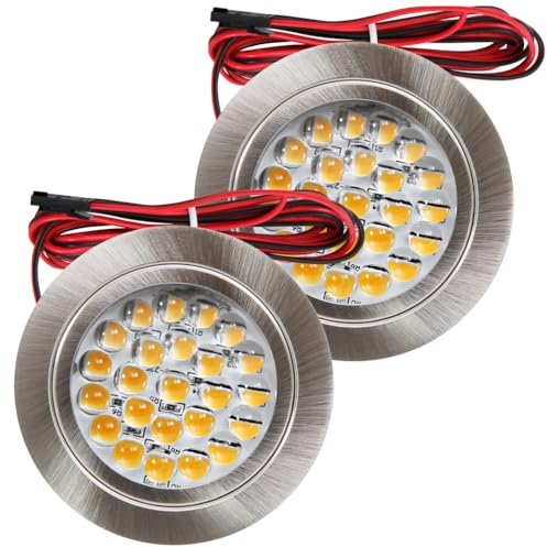Rolux 2er Set LED Möbeleinbauleuchte Freya 12V 2,4W Warmweiß 3000K | IP20 flach Ø65mm Einbaustrahler Edelstahl geb. | 190lm | inkl. LED Trafo, Mini-Verteiler & 230V Zuleitung | Für Küche, Bad, Möbel