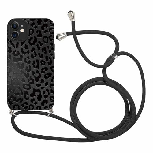 Coalbooliy Coque avec Cordon pour iPhone 11 6,1 avec Motif Noir Imprimé Léopard Case, Aesthetic Silicone Étui Collier Réglable Corde Cover Souple TPU Antichoc Housse Protection pour Femmes, 03