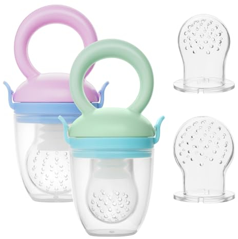 Vicloon Fruchtsauger Baby, 2 Stück Schnuller Beißring mit Silikon Sauger in 2 Größen, BPA-frei, Gemüse Sauger Obst Gemüse Baby Essen Beikost - Rosa+Grün