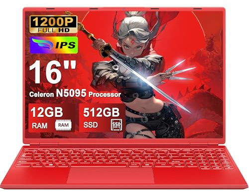 NOTODD Ordenador Portátil 16 Pulgadas Celeron N5095 Up to 2.9Ghz | Portátil Win 11 5G WiFi 12+512GB SSD Expansión 1TB, BT 4.2 Mini Puerto Multimedia Portatiles 1920*1200-Rojo