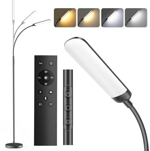 LUCKEA LED Floor Lamp 18W Standing Light with Remote Control 1200lm Dimmable Adjustable Floor Reading Lamp with 4 Color Temperature and 4 Brightness Levels for Living Room, Bedroom, Office, Black
