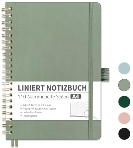 RETTACY Notizbuch A4 Liniert, Bullet Journal mit 100 g/m² Dickem Papier, 55 Blatt/110 Nummerierten Seiten, Collegeblock für Büro und Schule, Lederhülle, Hellgrün, 21 cm x 29.7 cm