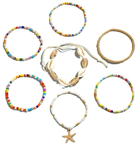EIYVPRA Bracelet de Cheville 7 Pièces en Coquillage Boho Multicouche avec Étoile de Mer - Accessoires de Bijouterie Pour Filles et Femmes