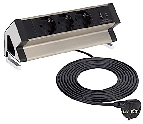 Schreibtisch-Steckdose mit USB (USB-A & USB-C) - Steckdosensplitter - Verteilerstecker horizontal IP20 - Verteilerdose mit Kabel - Silber