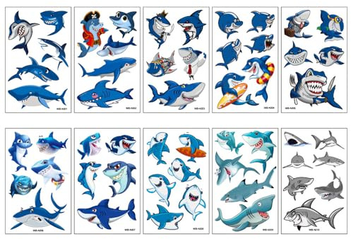 Laroal Lot de 10 Petits Autocollants de Tatouage temporaires en Forme de Requin pour garçons et Filles, imperméables, pour fête d'anniversaire, Sac de Remplissage
