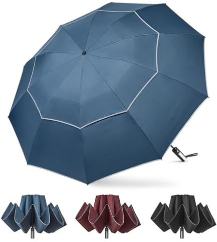 G4Free Parapluie inversé coupe-vent de 137 cm avec bande réfléchissante, grand parapluie de golf compact pour pluie, 10 baleines, double auvent, parapluie de voyage, ouverture automatique (bleu)