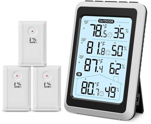 ORIA Digital Thermometer Hygrometer, Wireless Indoor/Outdoor Temperature & Humidity Monitor with 3 Remote Sensors, Backlit Display, Comfort Icon, Min/Max Records, for Home, Garden, Patio, Cellar