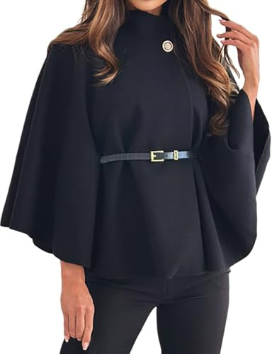 Bauzuoyo Cape Élégant pour Femme Hiver Poncho avec Manches Chauve-Souris et Ceinture Uni Col Roulé Poncho avec Boutons Court Manteau en Laine Décontracté Mode Loisirs Écharpe Chaude pour l'Extérieur